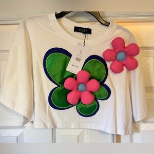 AKIRA White Cropped Tee with Pink 3D Floral Appliqués & Green Petals